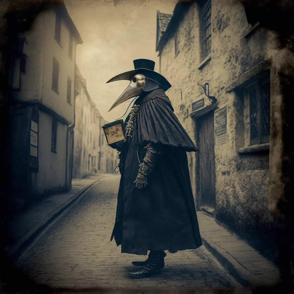 A plague doctor walking down an 18th century street
